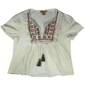 KYRA Embroidered V Neck Keyhole Tie Lightweight Cotton Short Sleeve Top Women PS